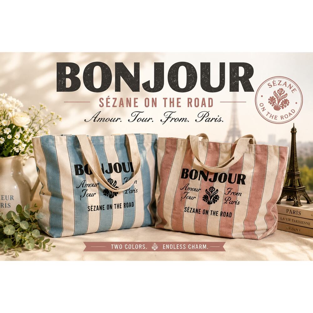 Sezane Bonjour Paris Striped Blue Pink Cotton Canvas Tote Bag Set of 2 Luxury